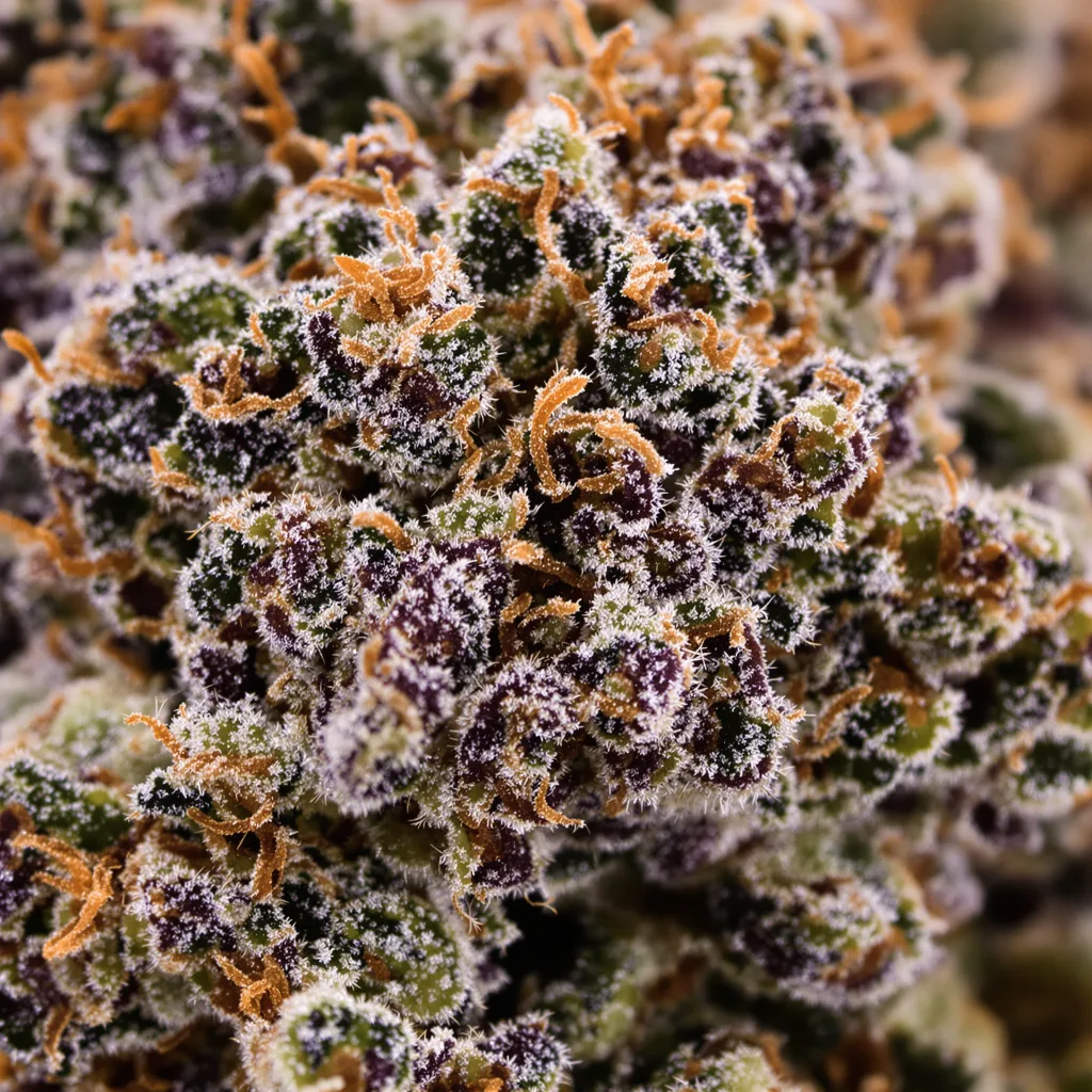 Primer plano de cogollo de cannabis Pacific Blue mostrando cálices densos con tonos morados