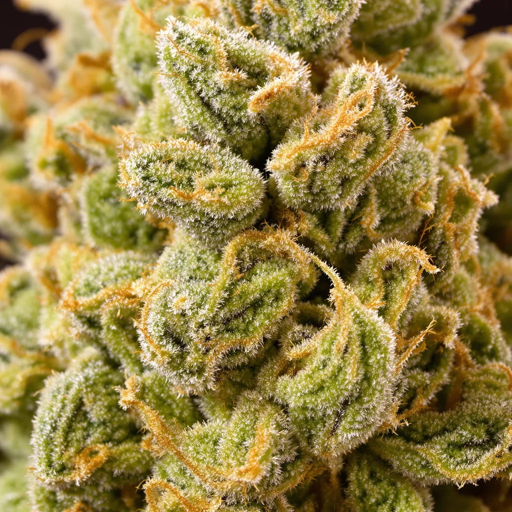 Primer plano de cogollo de cannabis Painkiller XL mostrando estructura aireada verde lima