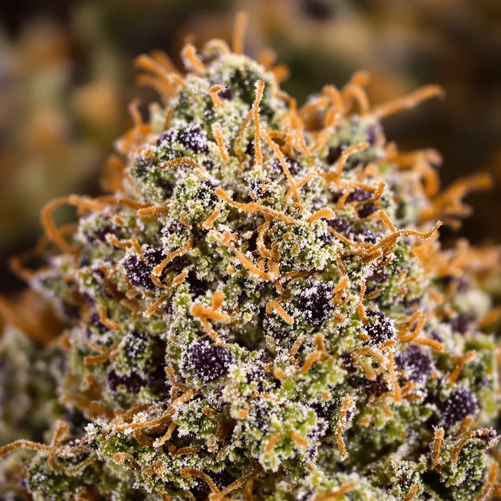 Primer plano de cogollo de cannabis Pakistani Chitral Kush mostrando cálices densos con tonos morados