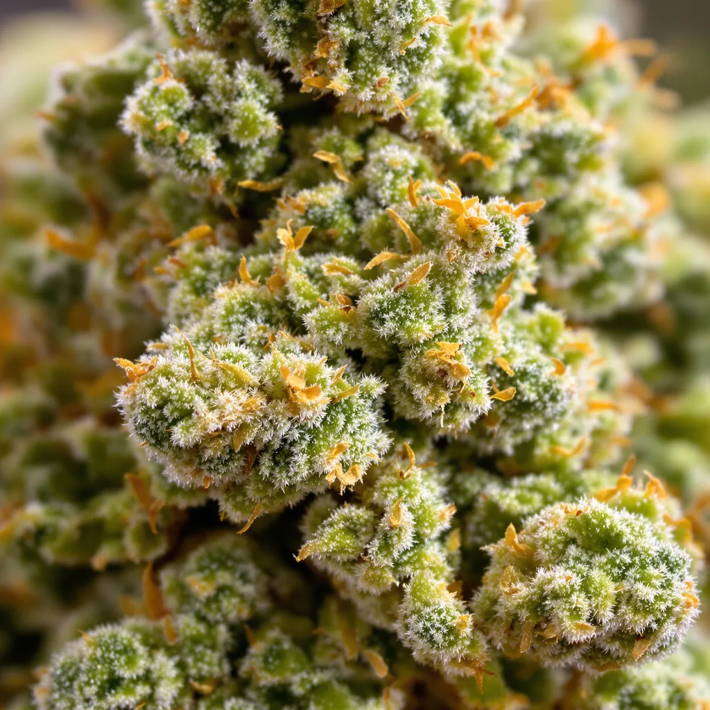 Primer plano de cogollo de cannabis Panama mostrando estructura aireada verde lima