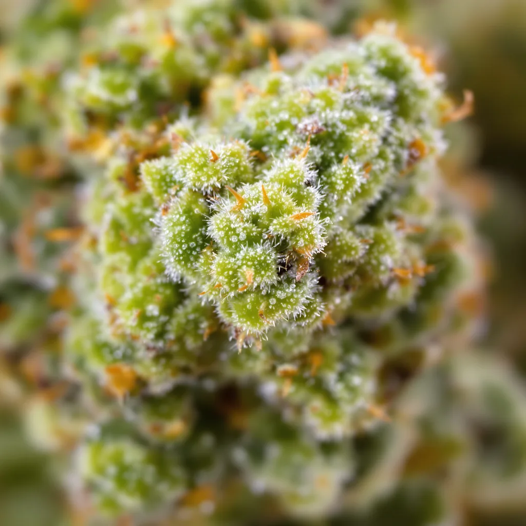 Primer plano de cogollo de cannabis Panama Red mostrando estructura aireada verde lima