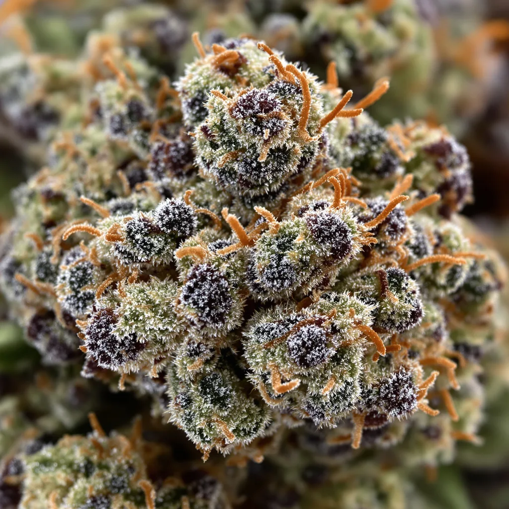 Primer plano de cogollo de cannabis Papa's OG mostrando cálices densos con tonos morados
