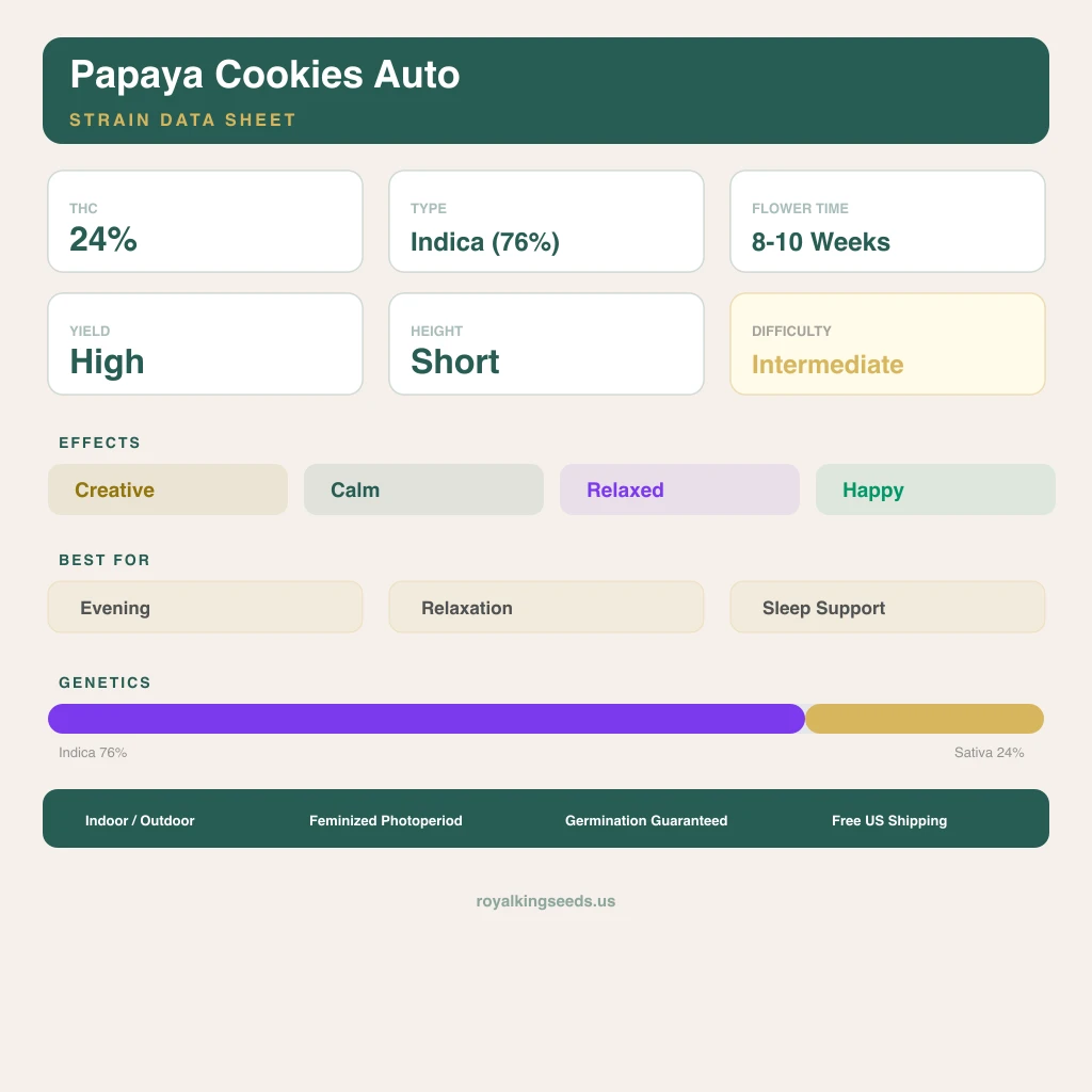 Papaya Cookies 76% indica / 24% sativa — flor con tricomas visibles