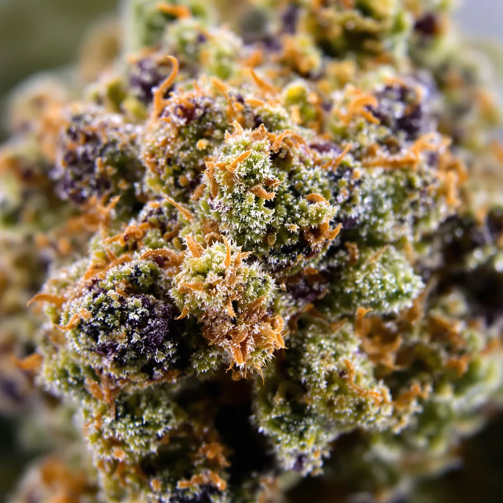 Primer plano de cogollo de cannabis Papaya Cookies mostrando cálices densos con tonos morados