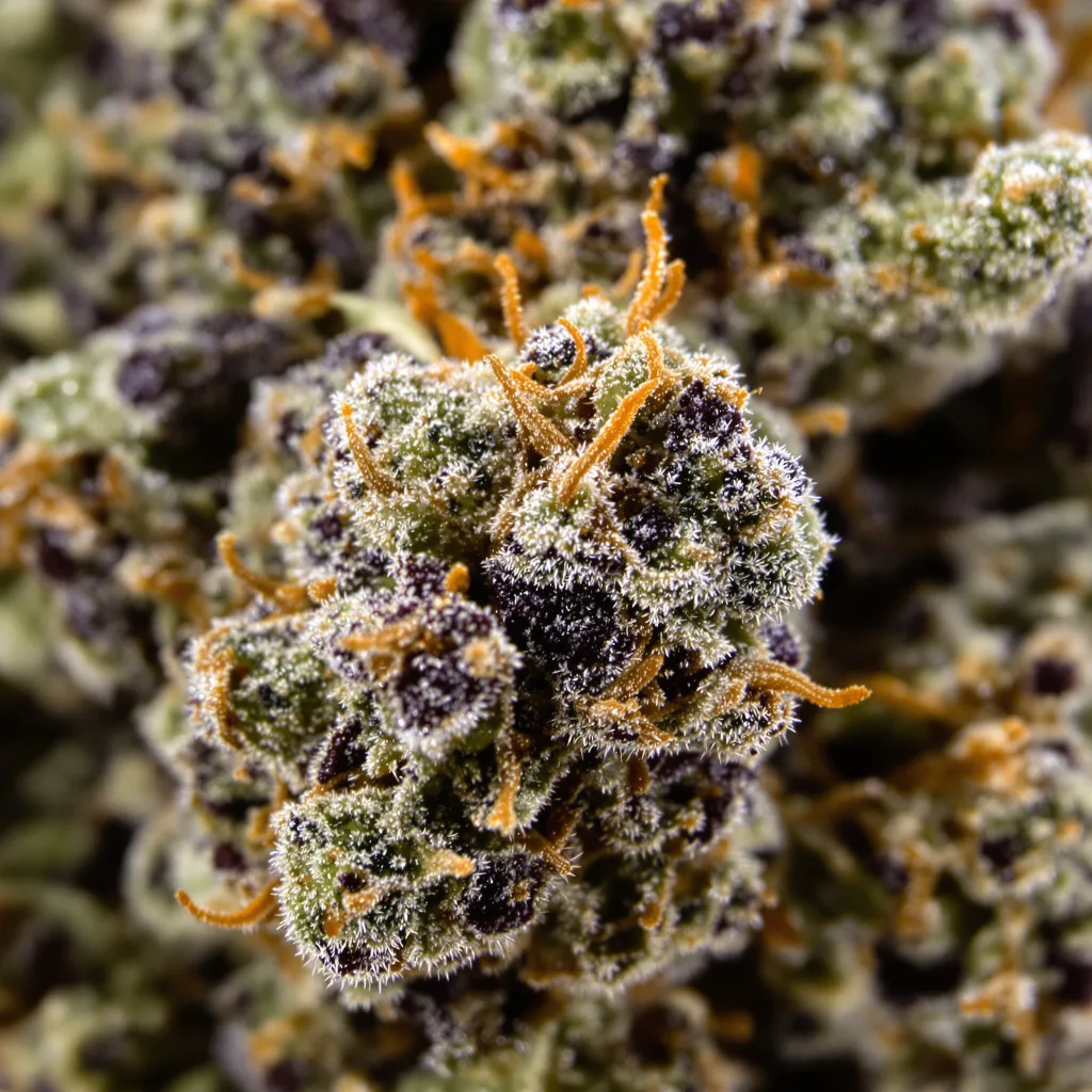 Primer plano de cogollo de cannabis Papaya Cookies mostrando cálices densos con tonos morados
