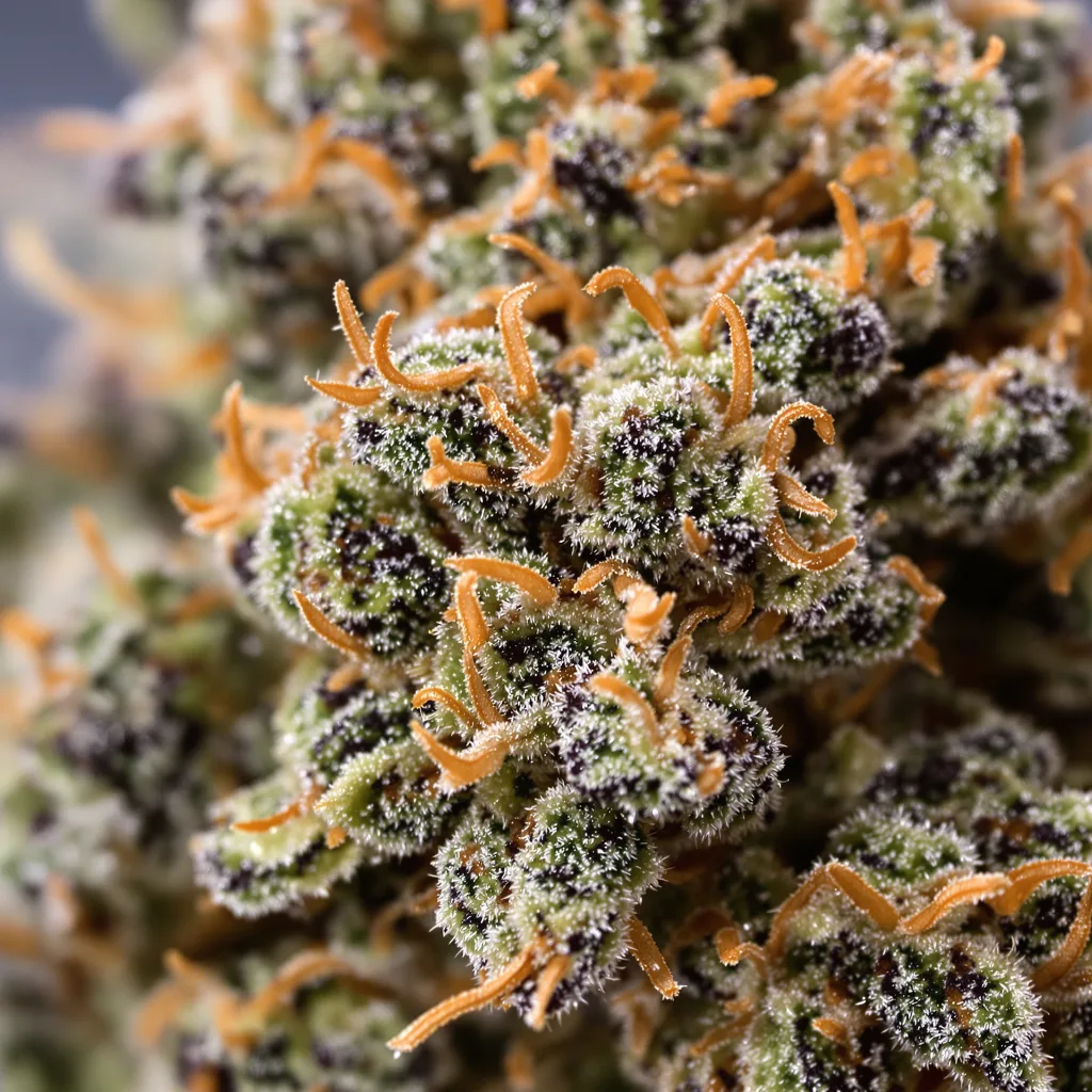 Primer plano de cogollo de cannabis Papaya mostrando cálices densos con tonos morados