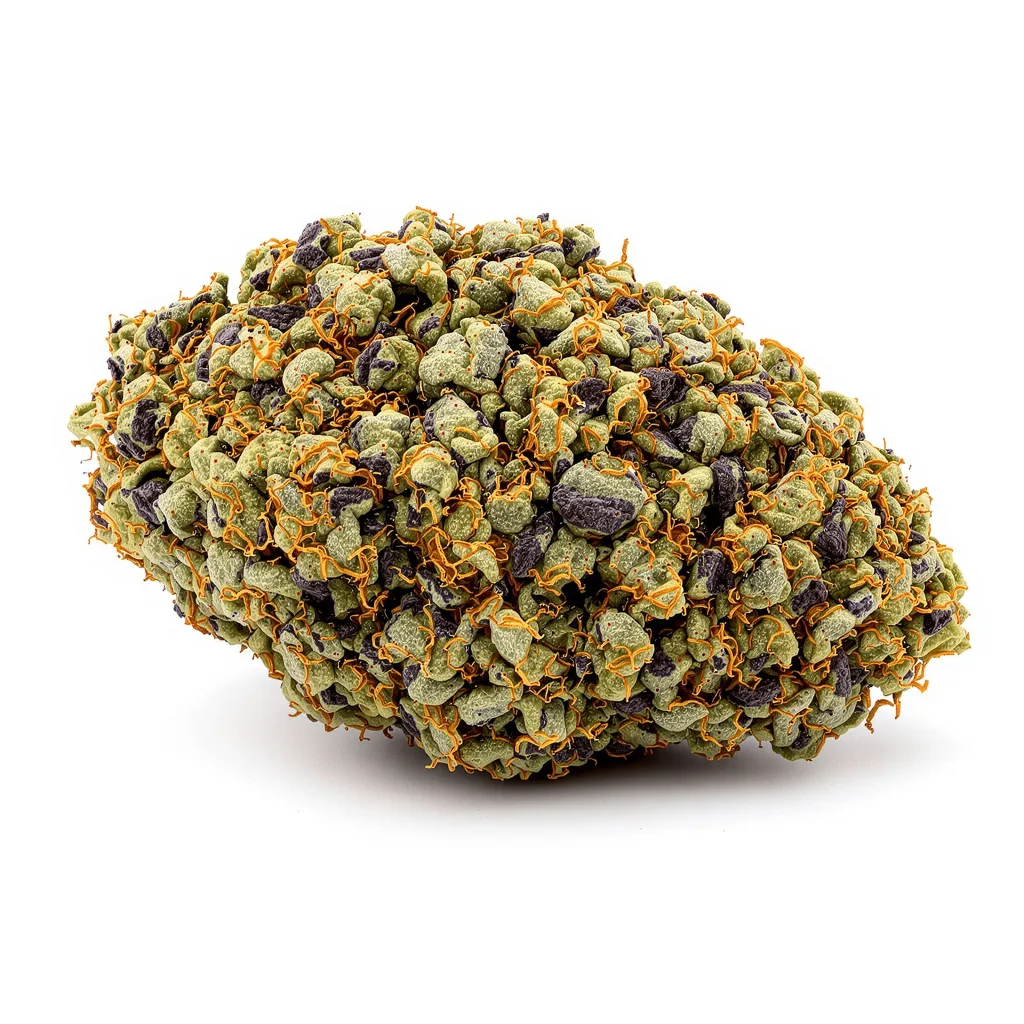 Papaya 66% indica / 34% sativa — flor con tricomas visibles