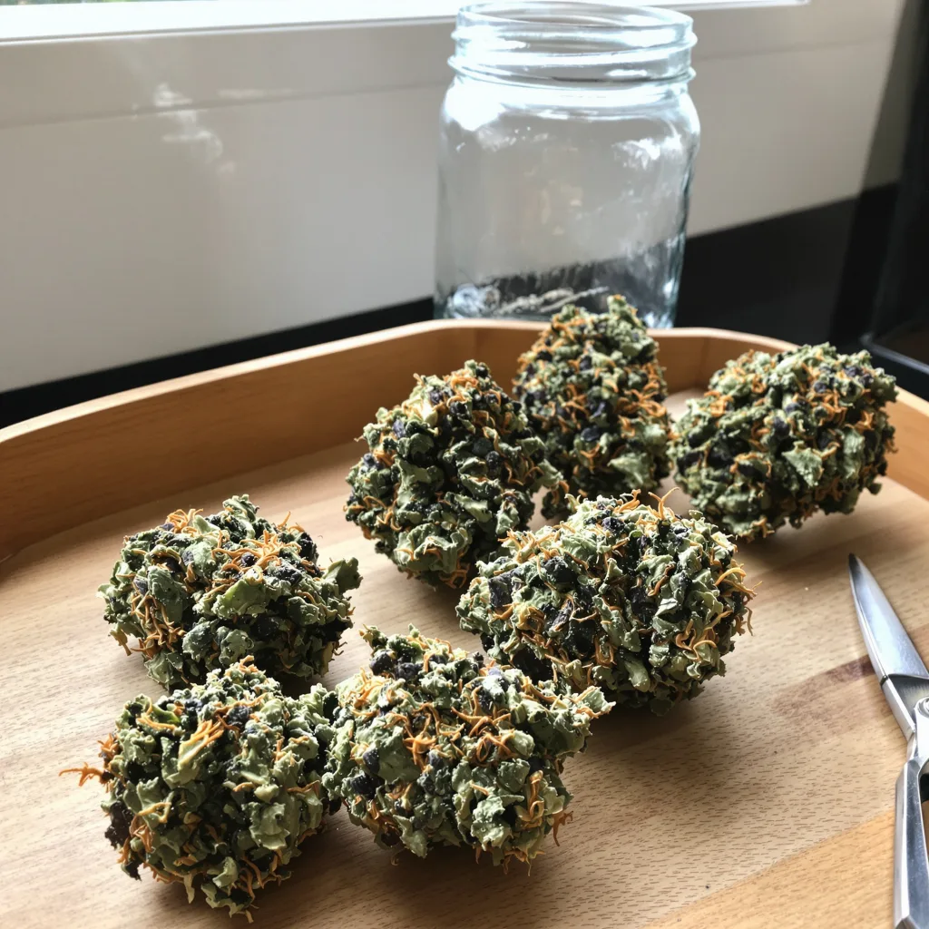 Peanut Butter Breath 70% indica / 30% sativa — flor con tricomas visibles