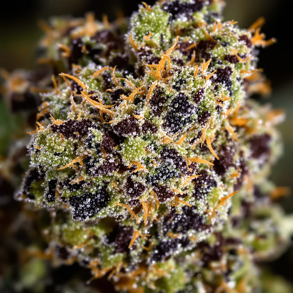 Primer plano de cogollo de cannabis Peanut Butter Breath mostrando cálices densos con tonos morados