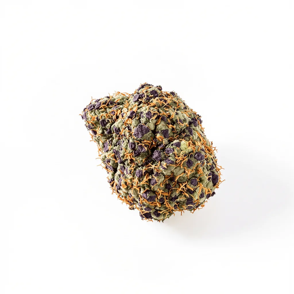 Peanut Butter Breath 70% indica / 30% sativa — flor con tricomas visibles