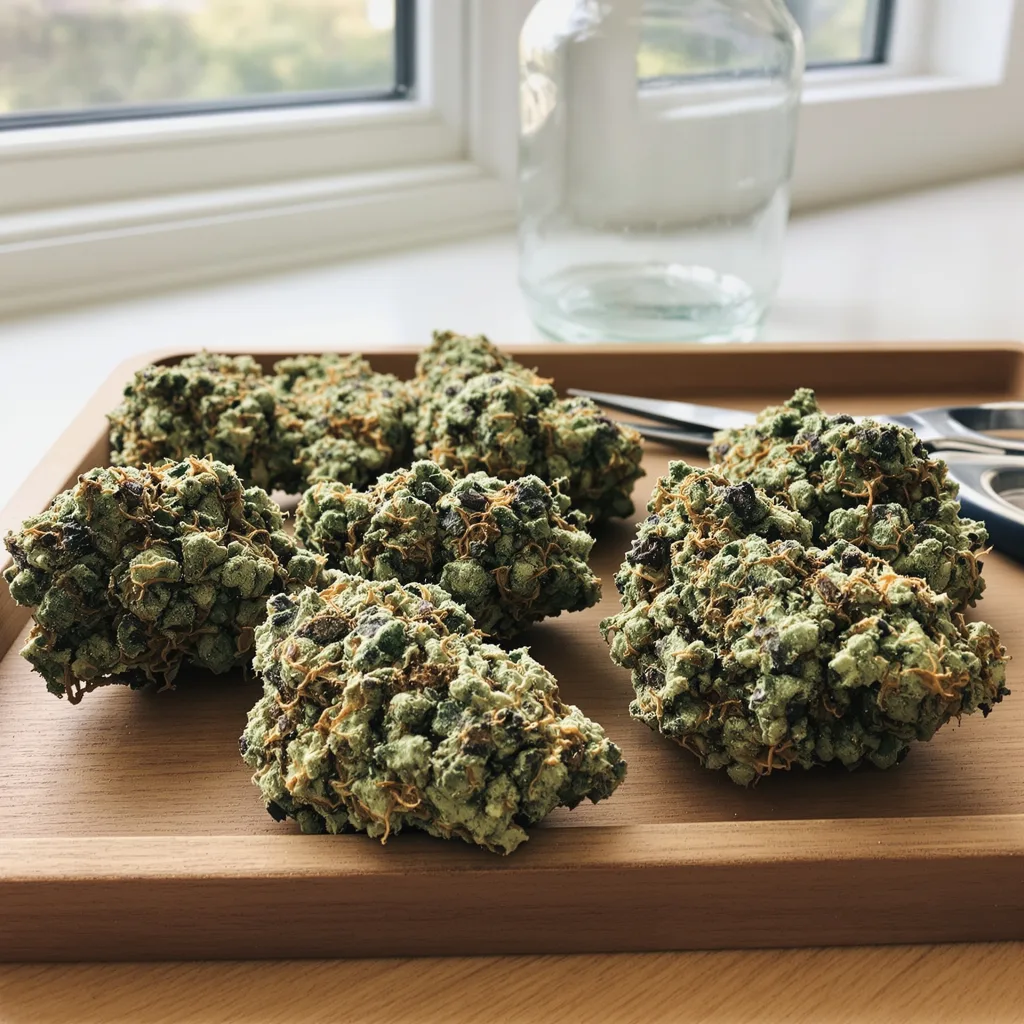 Peanut Butter Breath 50% indica / 50% sativa — flor con tricomas visibles