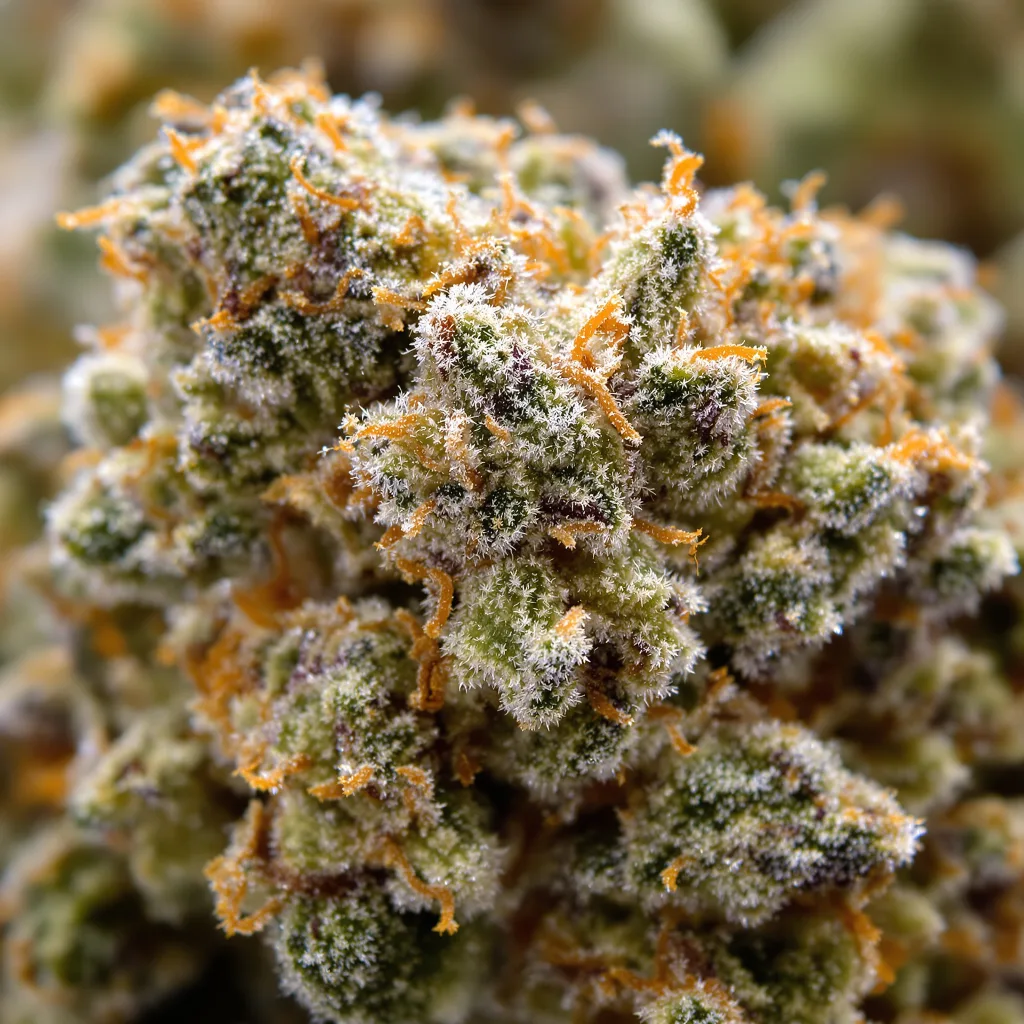 Primer plano de cogollo de cannabis Peanut Butter Breath mostrando estructura equilibrada con tricomas escarchados