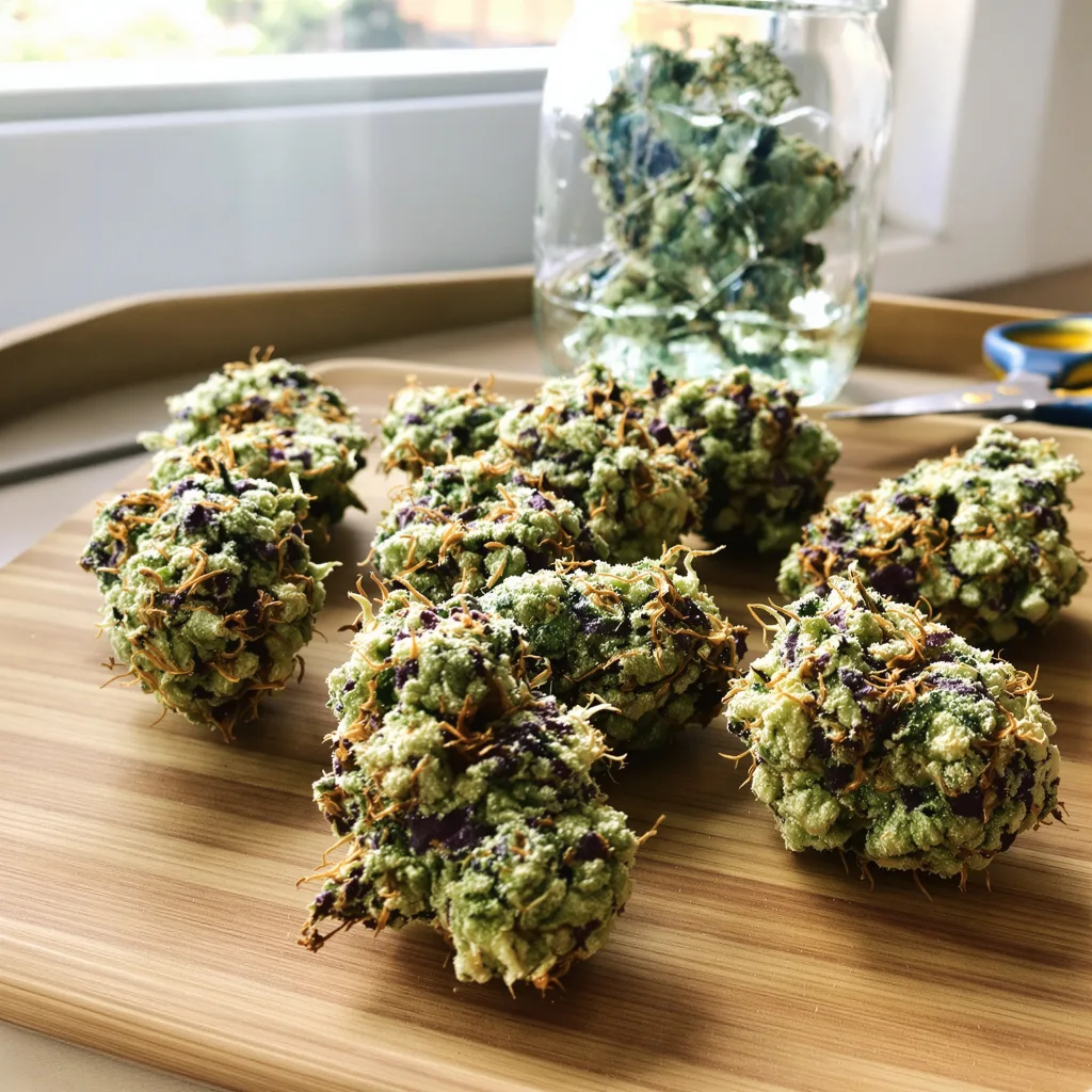 Peanut Butter Gelato 55% indica / 45% sativa — flor con tricomas visibles