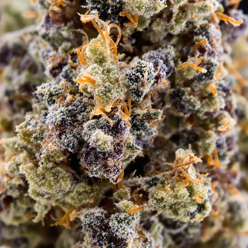 Primer plano de cogollo de cannabis Pennywise mostrando cálices densos con tonos morados
