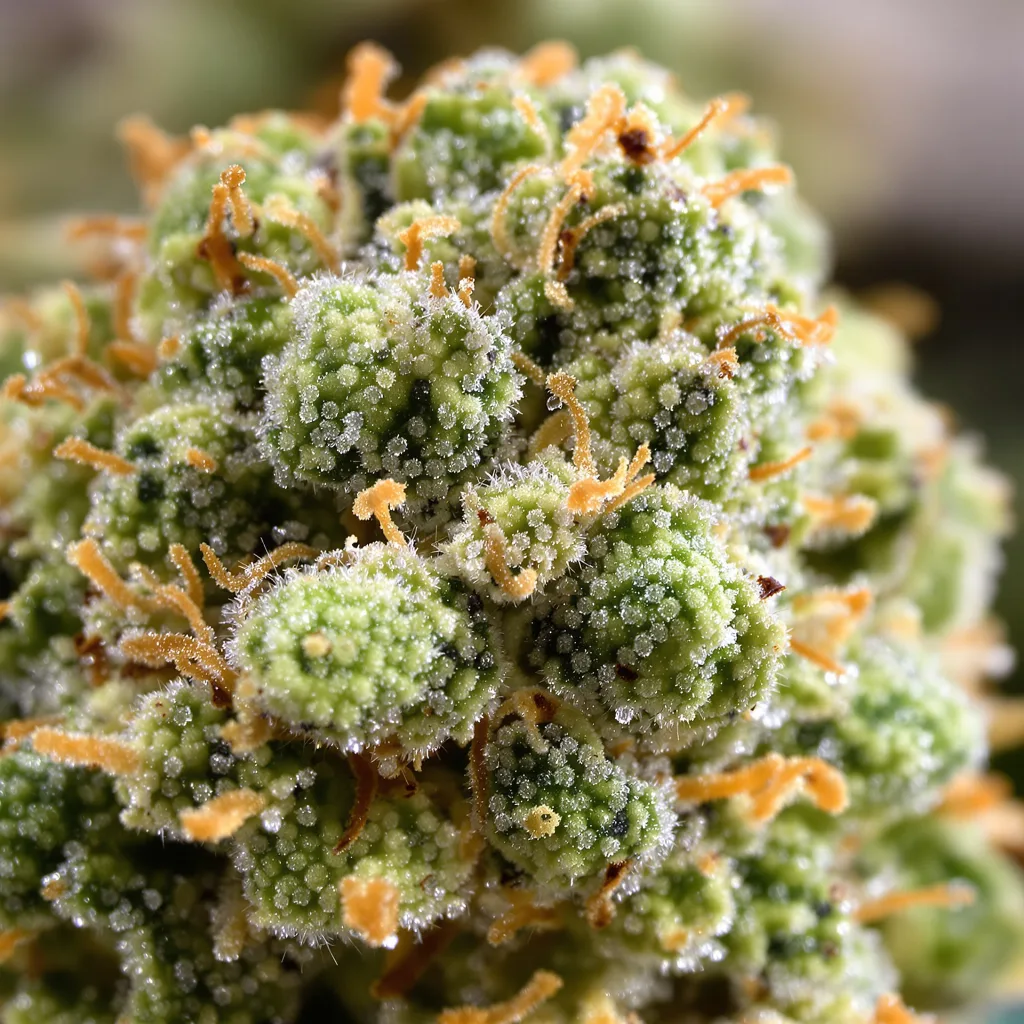 Primer plano de cogollo de cannabis Permafrost mostrando estructura aireada verde lima