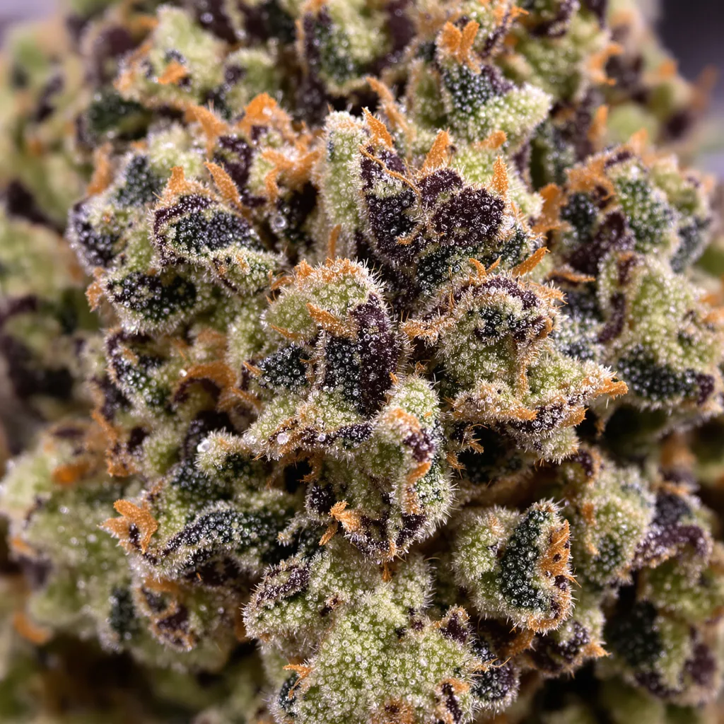 Primer plano de cogollo de cannabis Peyote Gorilla mostrando cálices densos con tonos morados