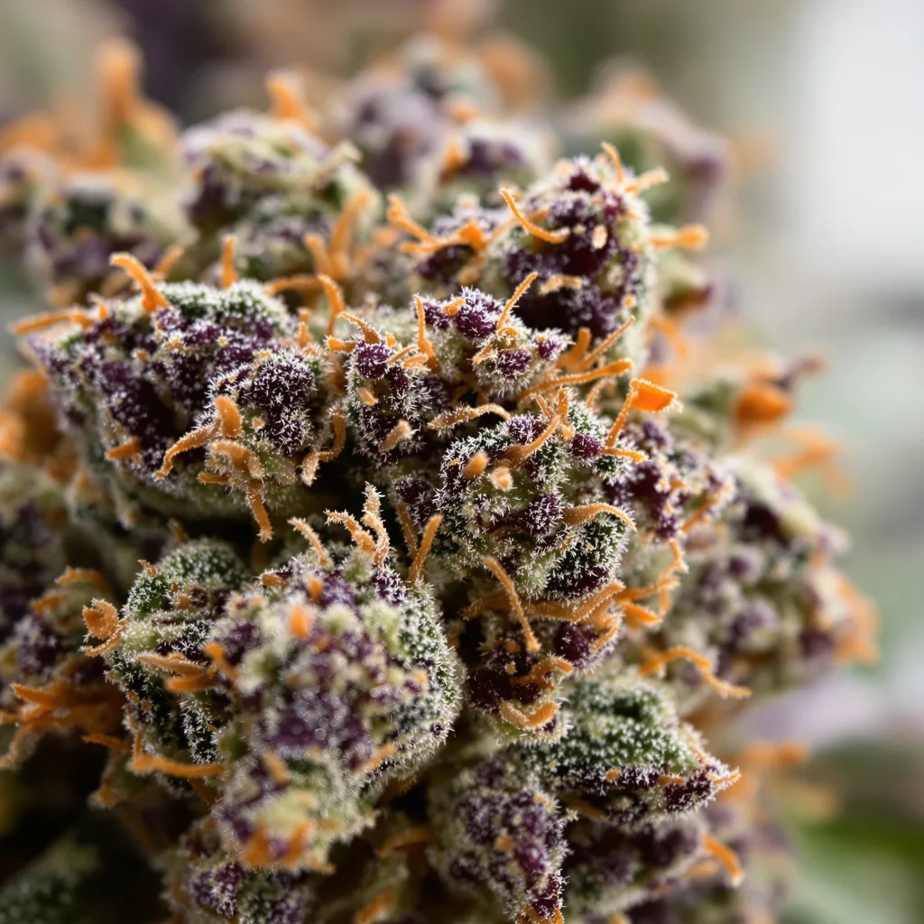 Primer plano de cogollo de cannabis Pez mostrando cálices densos con tonos morados