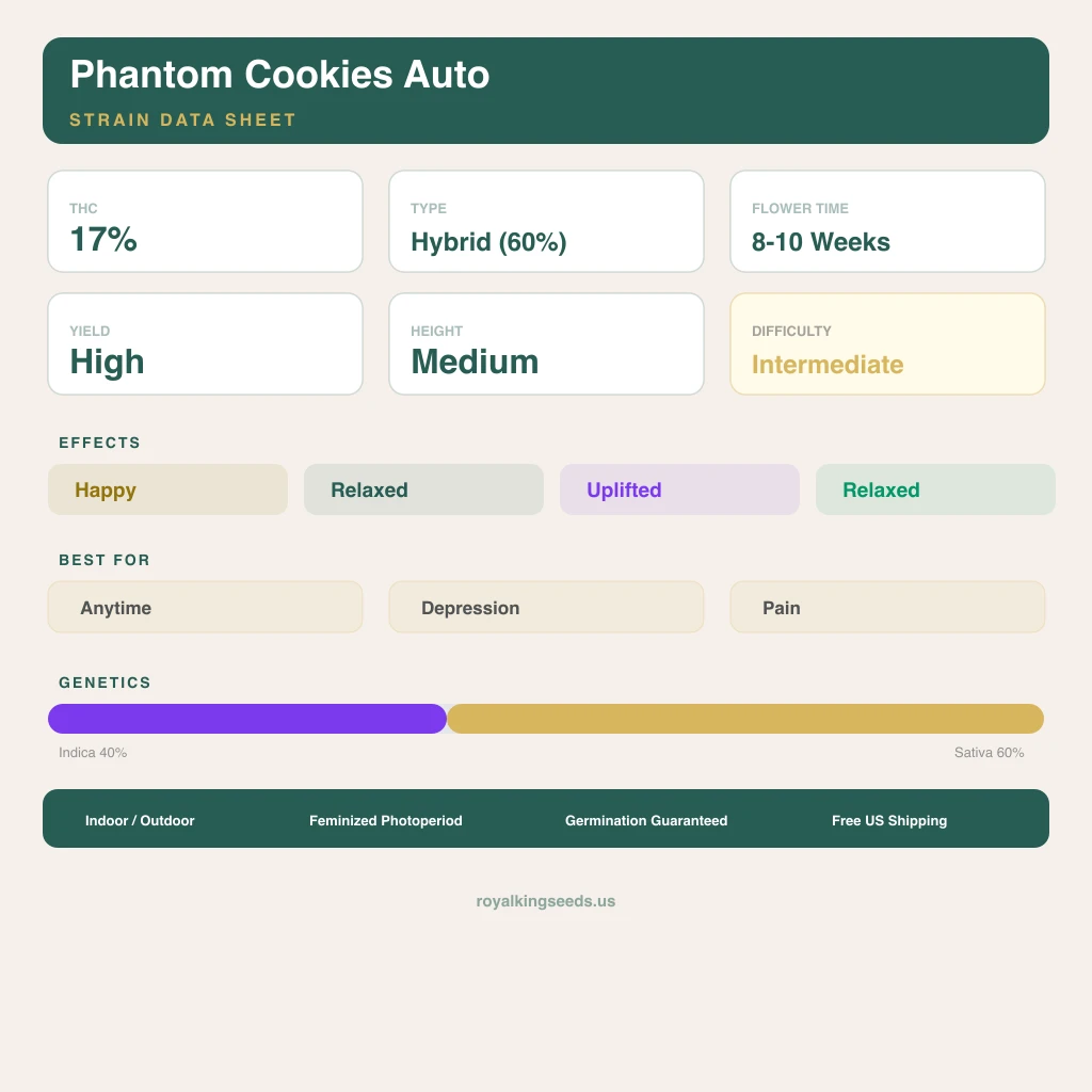 Phantom Cookies 40% indica / 60% sativa — flor con tricomas visibles