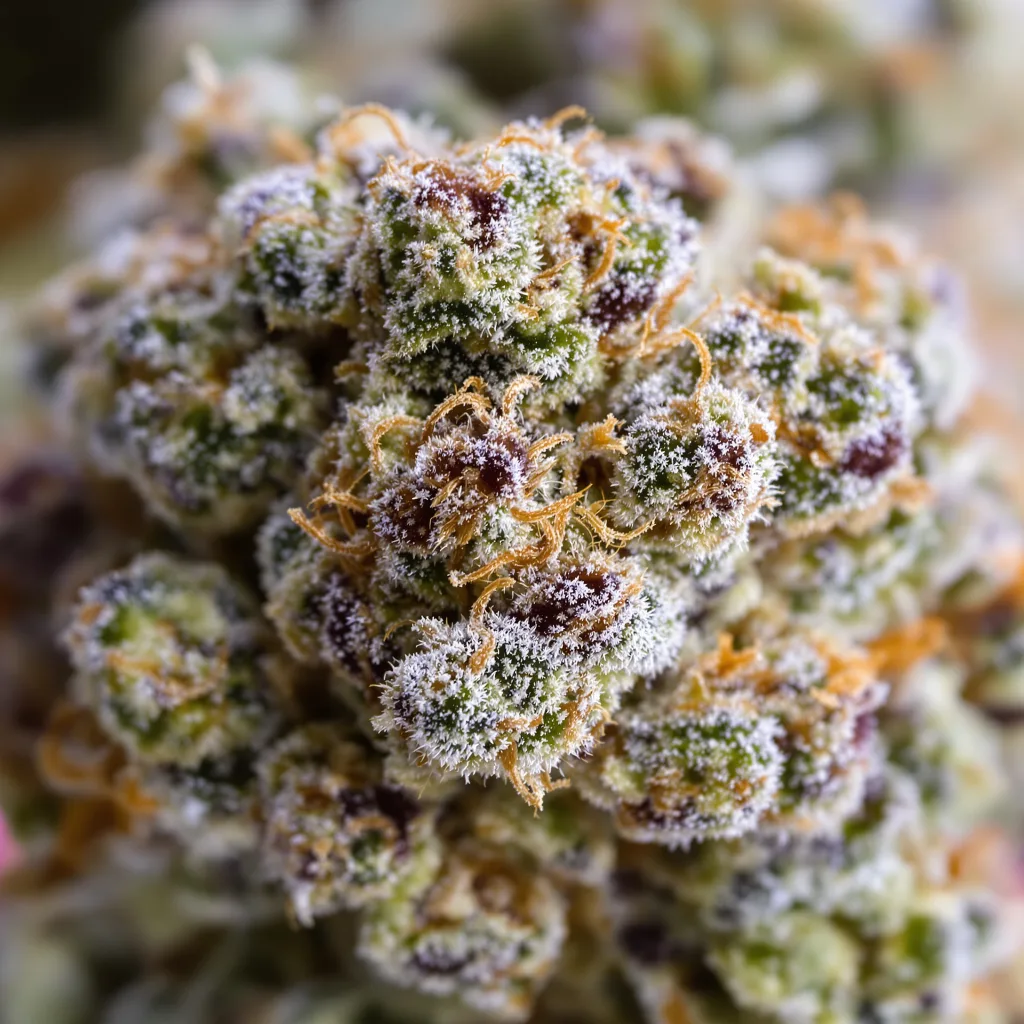 Primer plano de cogollo de cannabis Phantom Cookies mostrando estructura abierta con pistilos naranjas