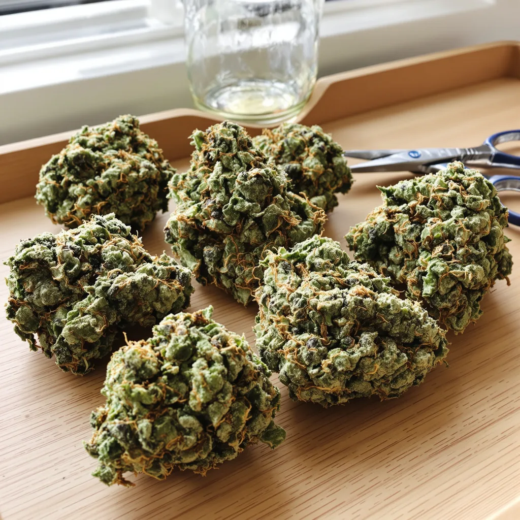 Phantom OG 50% indica / 50% sativa — flor con tricomas visibles