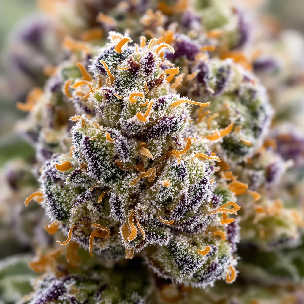 Primer plano de cogollo de cannabis Phantom OG mostrando estructura equilibrada con tricomas escarchados