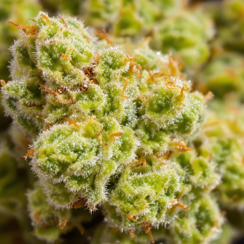Primer plano de cogollo de cannabis Pincher's Creek mostrando estructura aireada verde lima