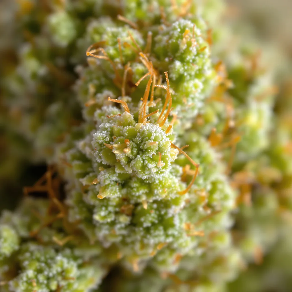 Primer plano de cogollo de cannabis Pine mostrando estructura aireada verde lima