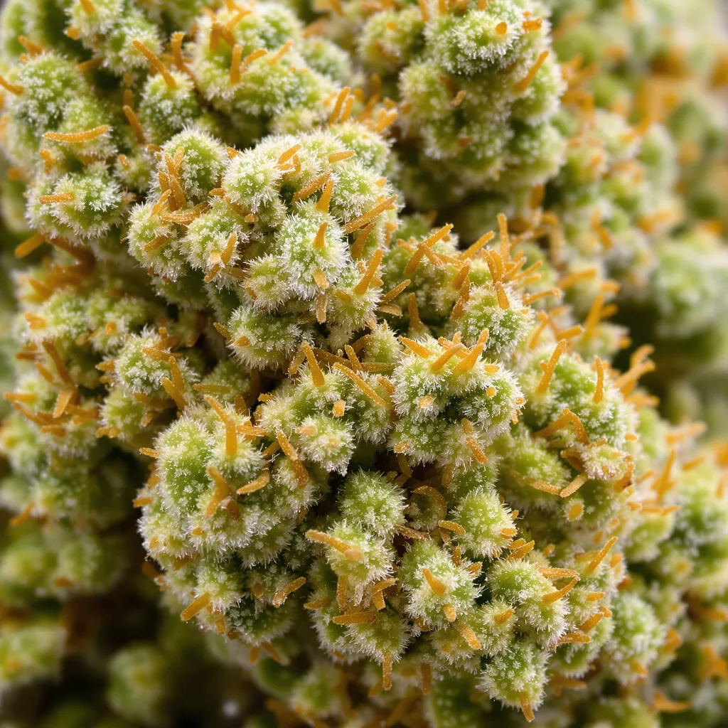 Primer plano de cogollo de cannabis Pine mostrando estructura aireada verde lima