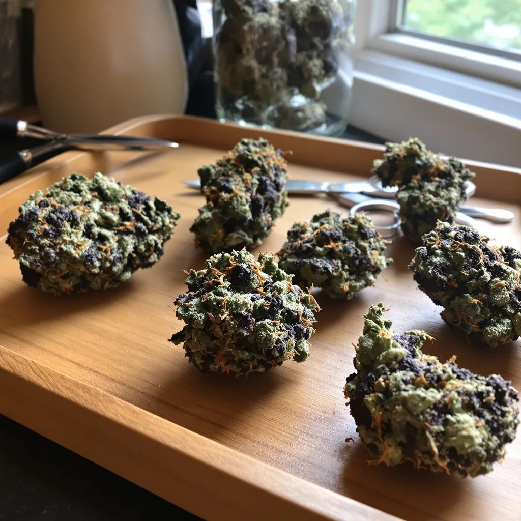 Pine Tar Kush 65% indica / 35% sativa — flor con tricomas visibles