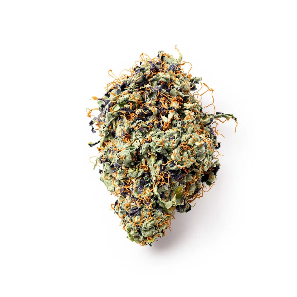 Pine Tar Kush 65% indica / 35% sativa — flor con tricomas visibles