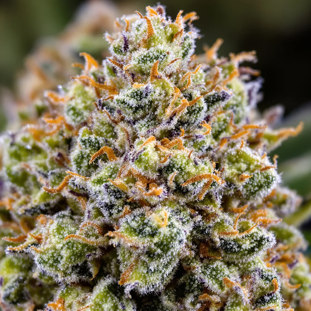 Primer plano de cogollo de cannabis Pineapple mostrando estructura equilibrada con tricomas escarchados