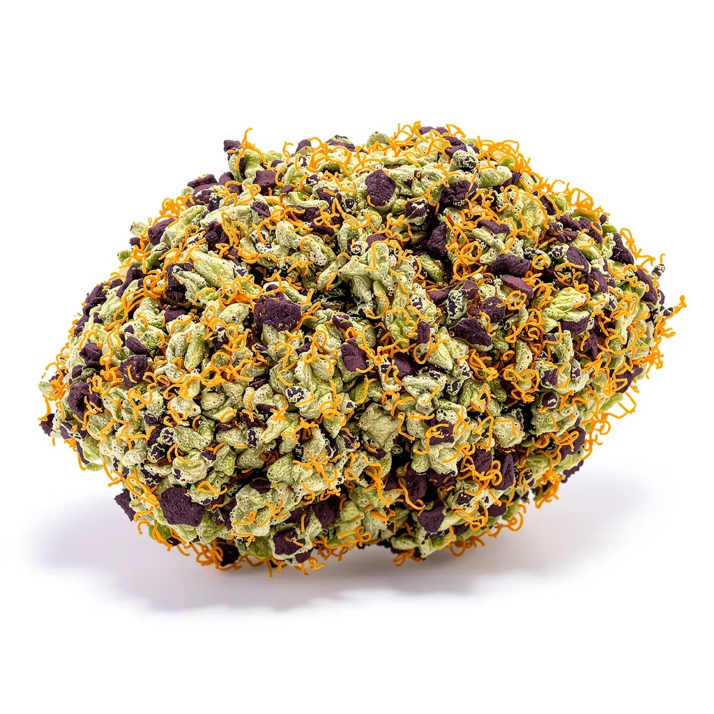 Pineapple Chunk 80% indica / 20% sativa — flor con tricomas visibles