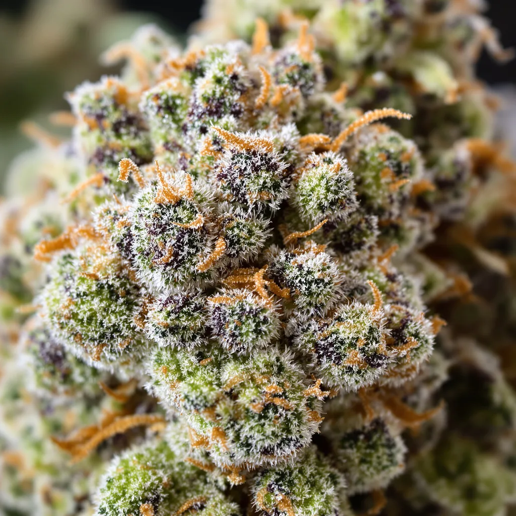 Primer plano de cogollo de cannabis Pineapple Diesel mostrando estructura equilibrada con tricomas escarchados