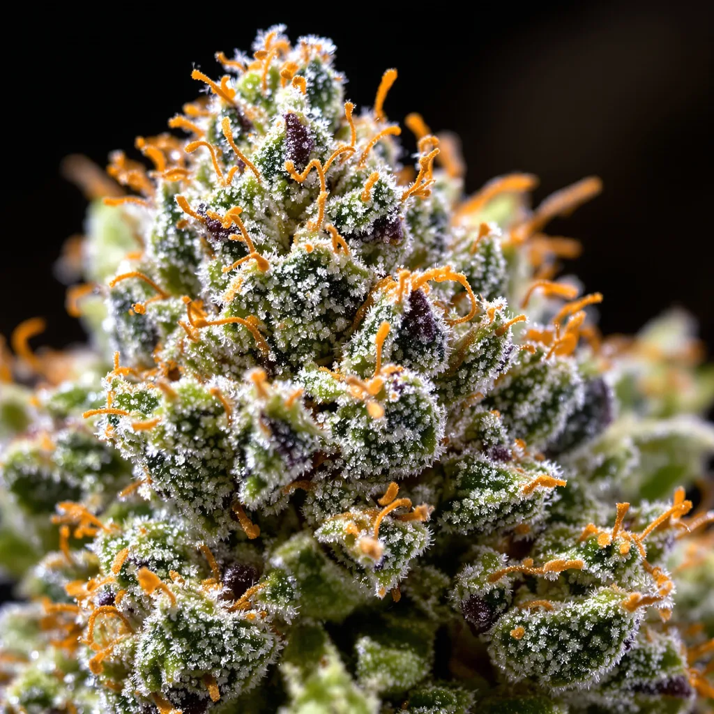 Primer plano de cogollo de cannabis Pineapple Express mostrando cogollos densos verde bosque