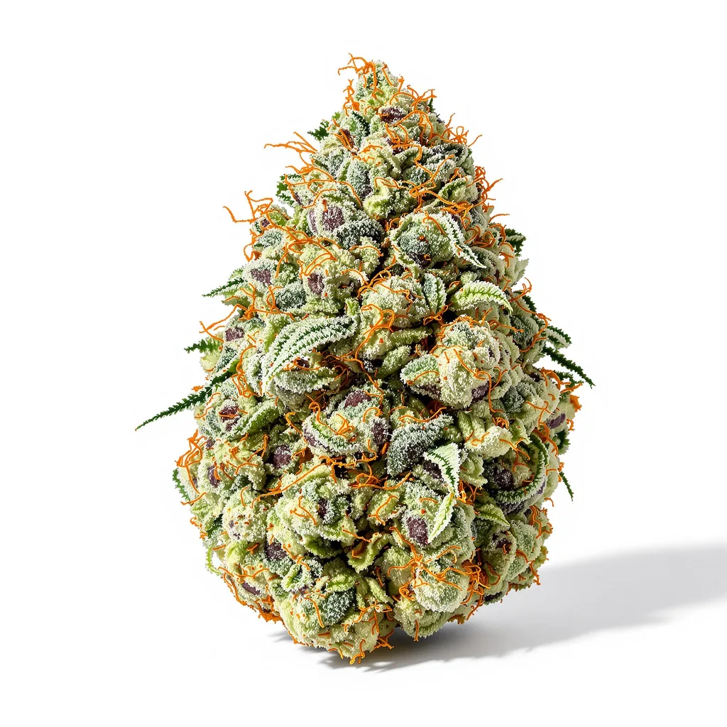 Pineapple Express 62% indica / 38% sativa — flor con tricomas visibles
