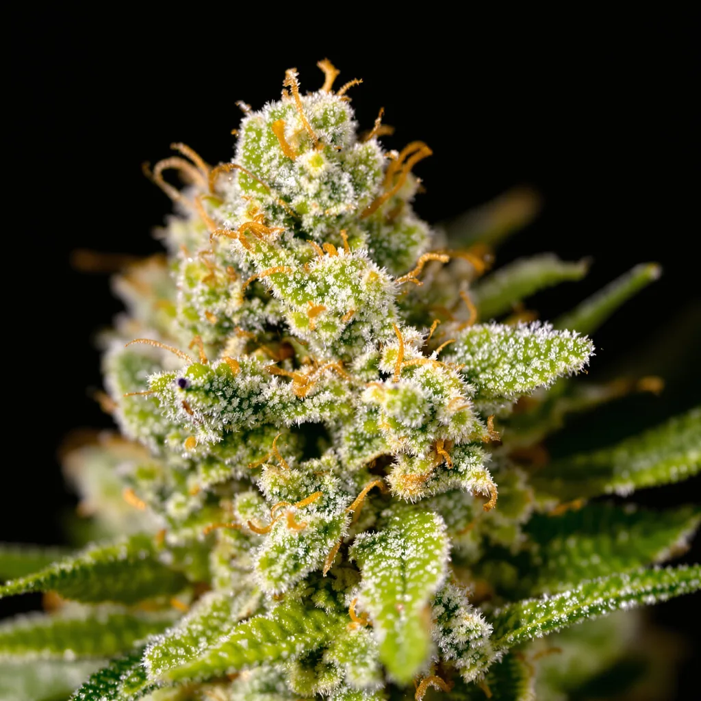 Primer plano de cogollo de cannabis Pineapple Haze mostrando estructura aireada verde lima