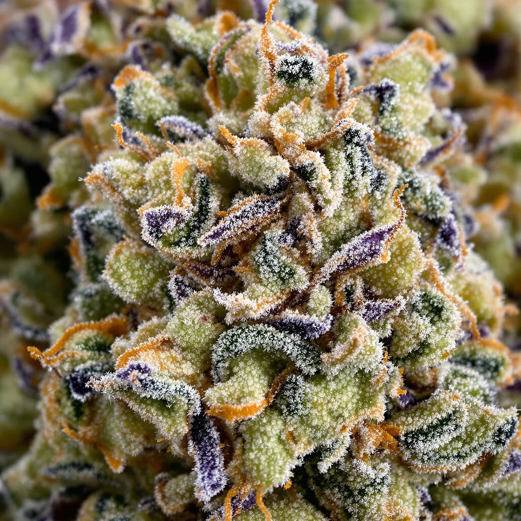 Primer plano de cogollo de cannabis Pineapple Kush mostrando estructura equilibrada con tricomas escarchados