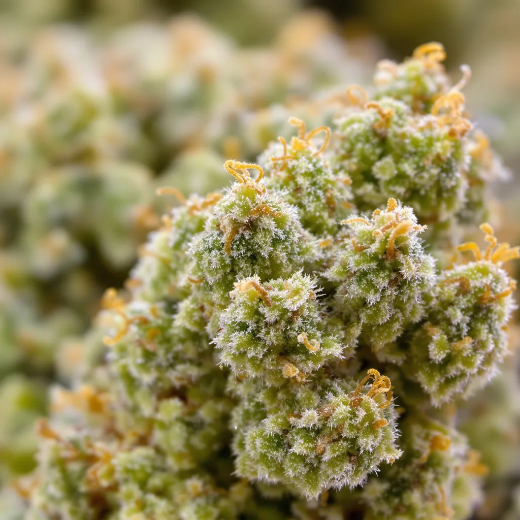 Primer plano de cogollo de cannabis Pineapple Mayhem mostrando estructura aireada verde lima