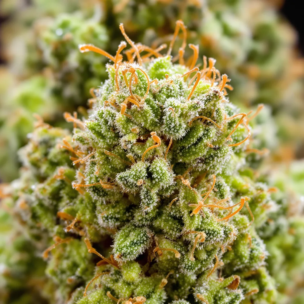 Primer plano de cogollo de cannabis Pineapple Mayhem mostrando estructura aireada verde lima