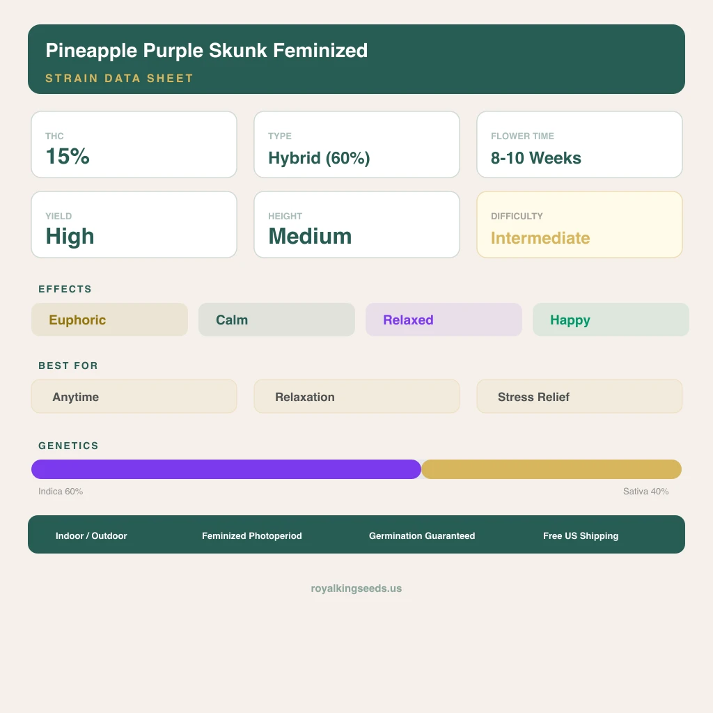 Pineapple Purple Skunk 60% indica / 40% sativa — flor con tricomas visibles