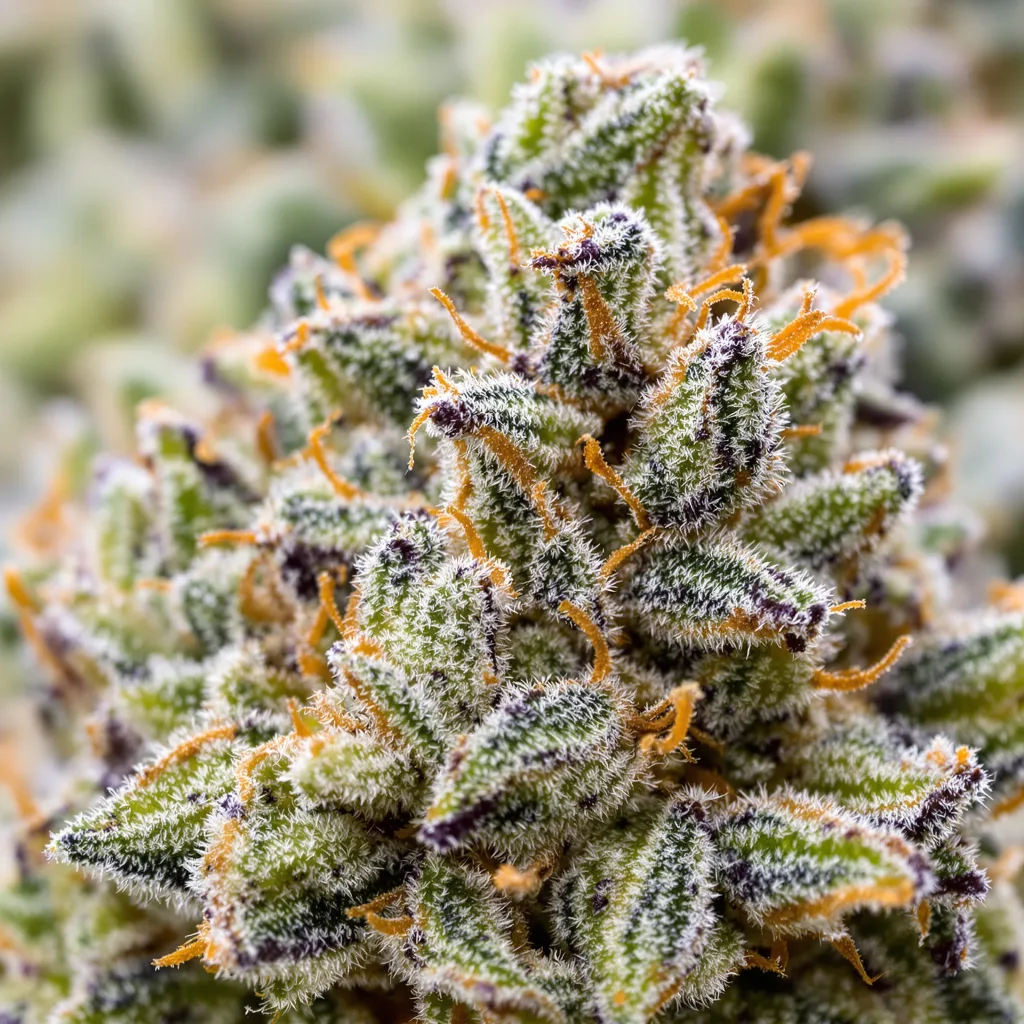 Primer plano de cogollo de cannabis Pineapple Purple Skunk mostrando cogollos densos verde bosque
