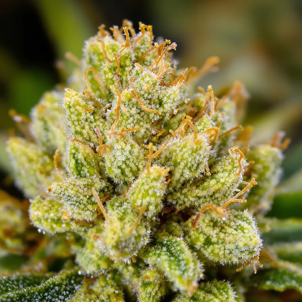 Primer plano de cogollo de cannabis Pineapple Thai mostrando estructura aireada verde lima