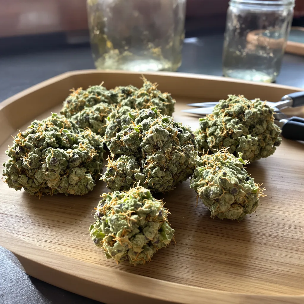 Pineapple Trainwreck 20% indica / 80% sativa — flor con tricomas visibles