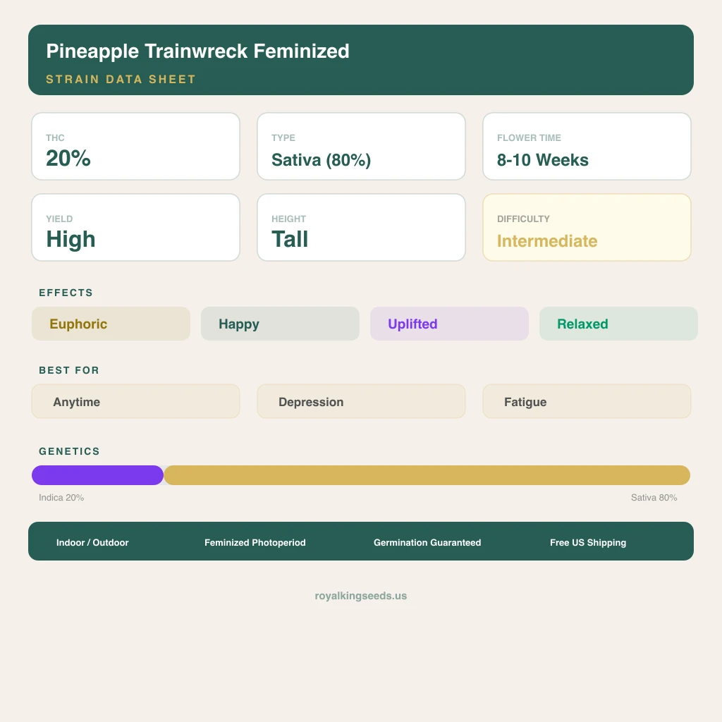 Pineapple Trainwreck 20% indica / 80% sativa — flor con tricomas visibles