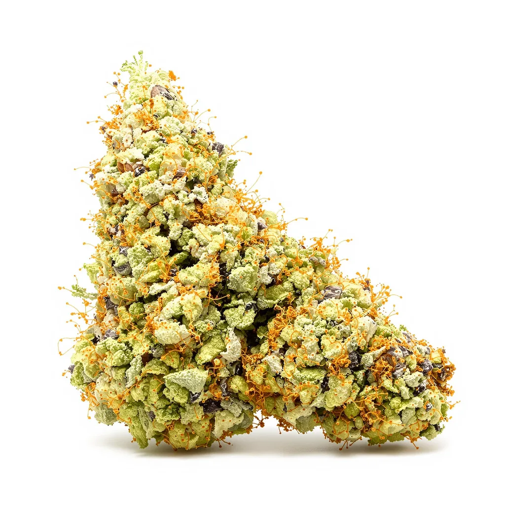 Pineapple Trainwreck 20% indica / 80% sativa — flor con tricomas visibles