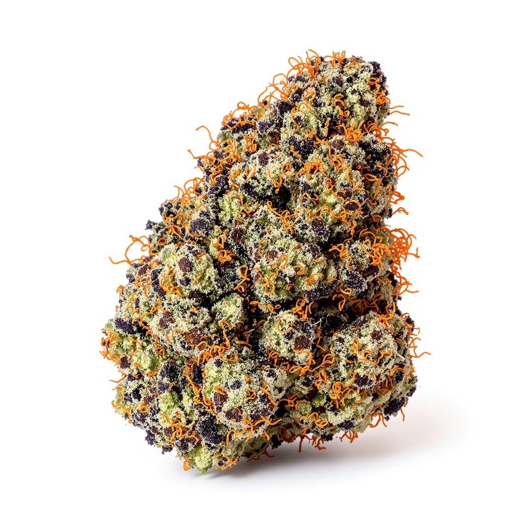 Pink Bubba 67% indica / 33% sativa — flor con tricomas visibles