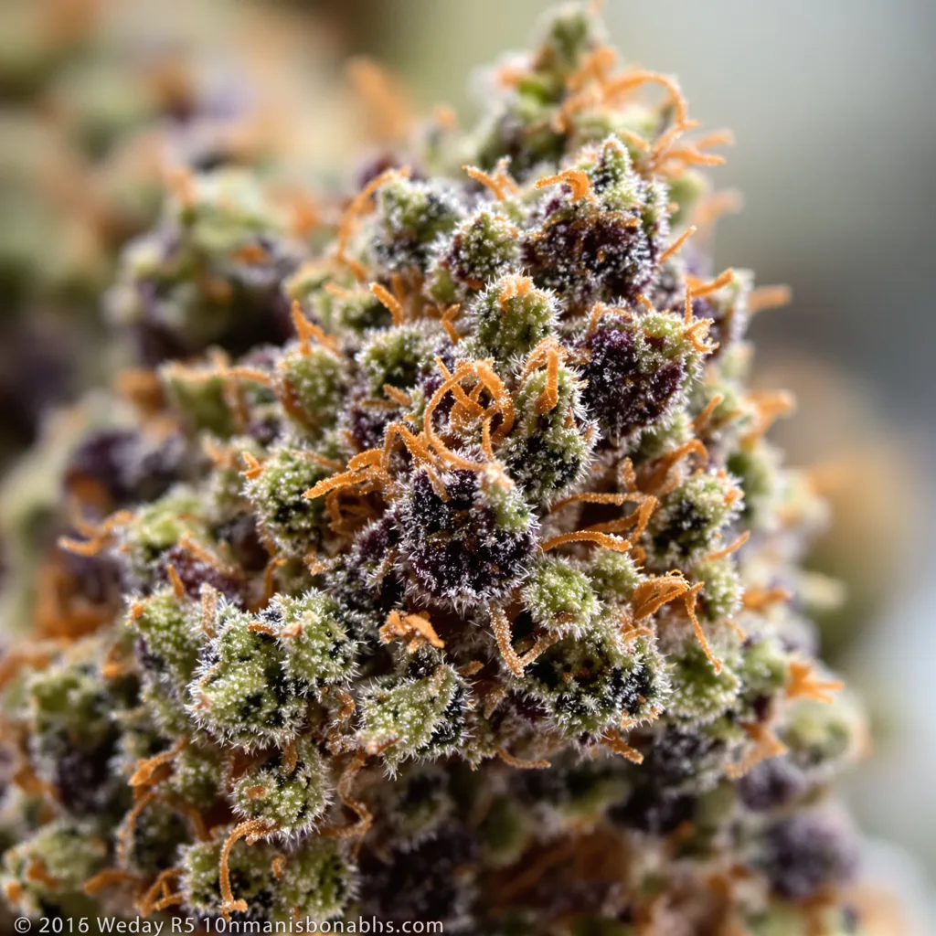 Primer plano de cogollo de cannabis Pink Bubba mostrando cálices densos con tonos morados