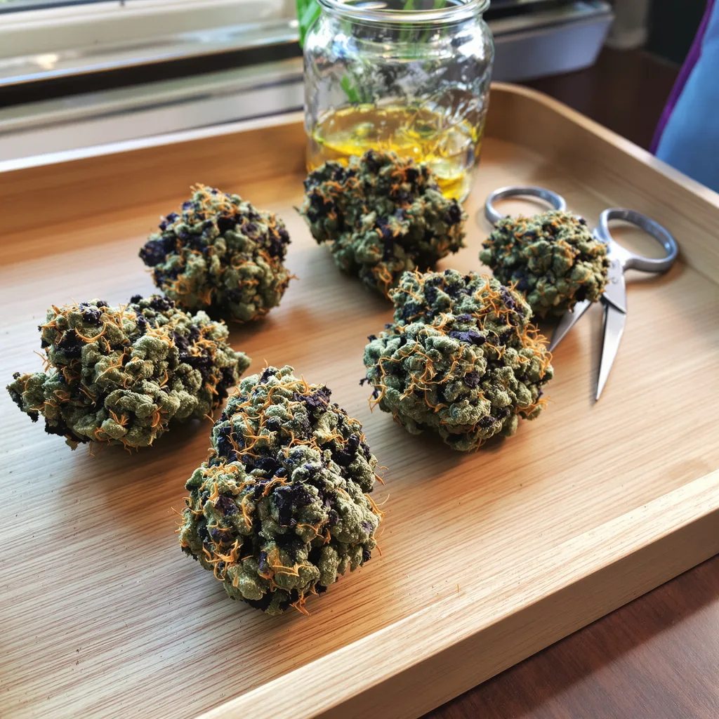 Pink Champagne 71% indica / 29% sativa — flor con tricomas visibles