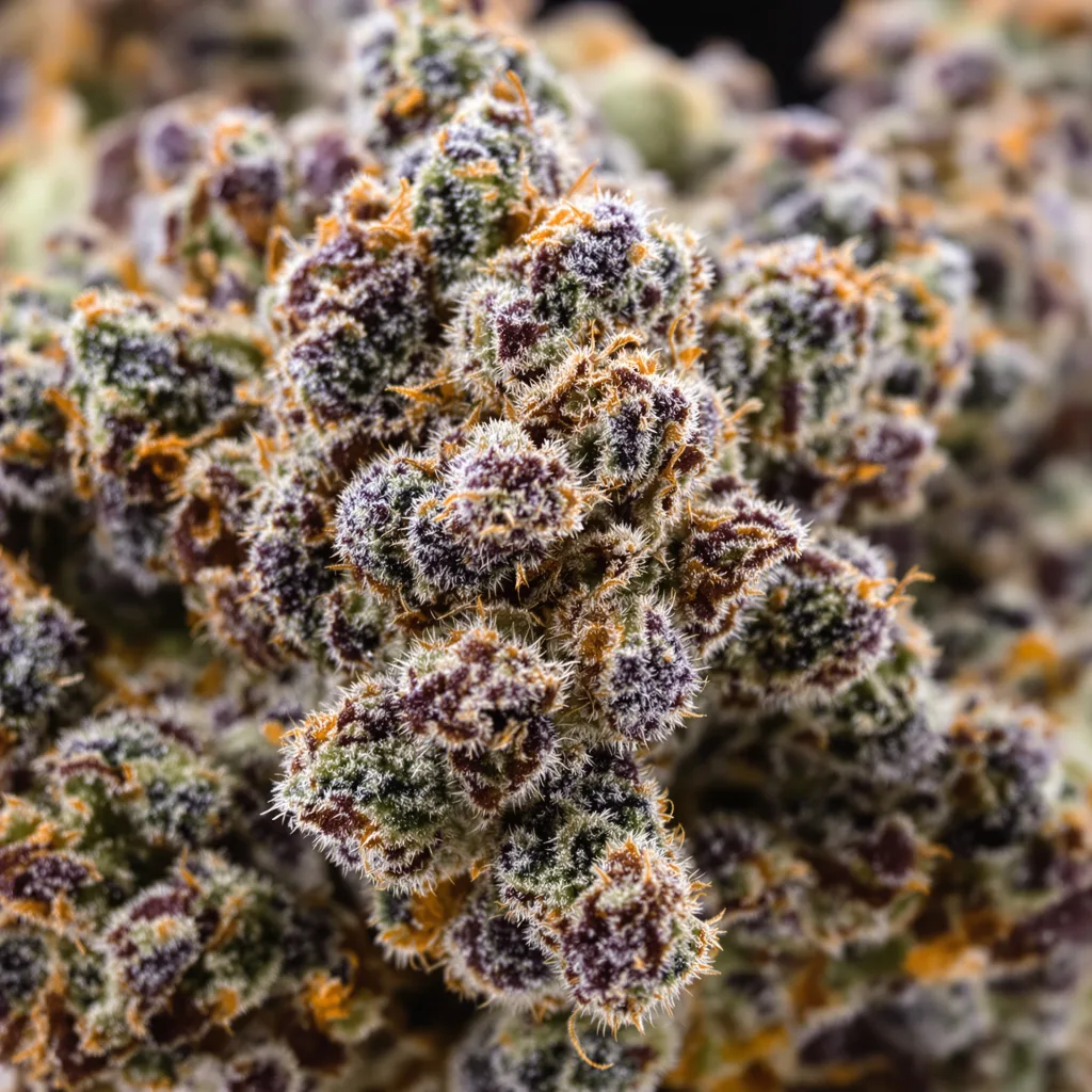 Primer plano de cogollo de cannabis Pink Champagne mostrando cálices densos con tonos morados