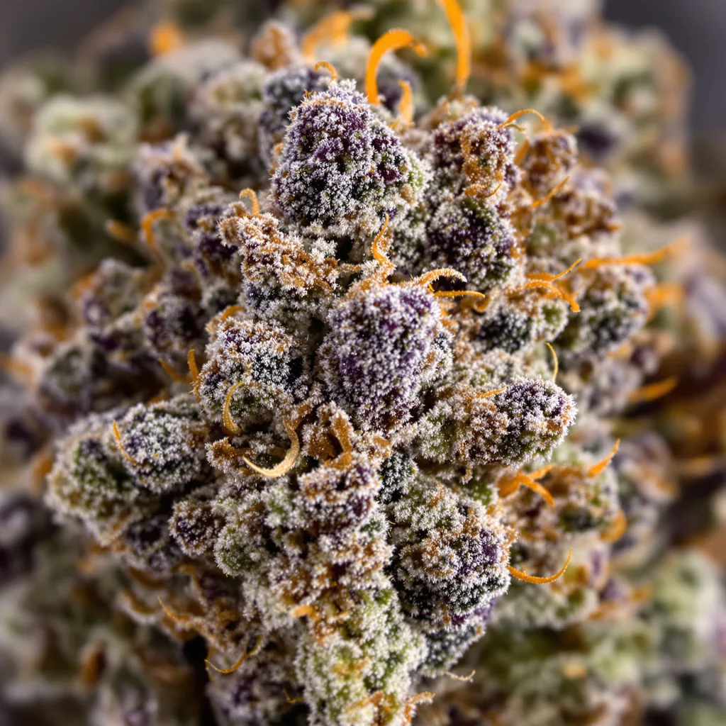 Primer plano de cogollo de cannabis Pink Kush mostrando cálices densos con tonos morados
